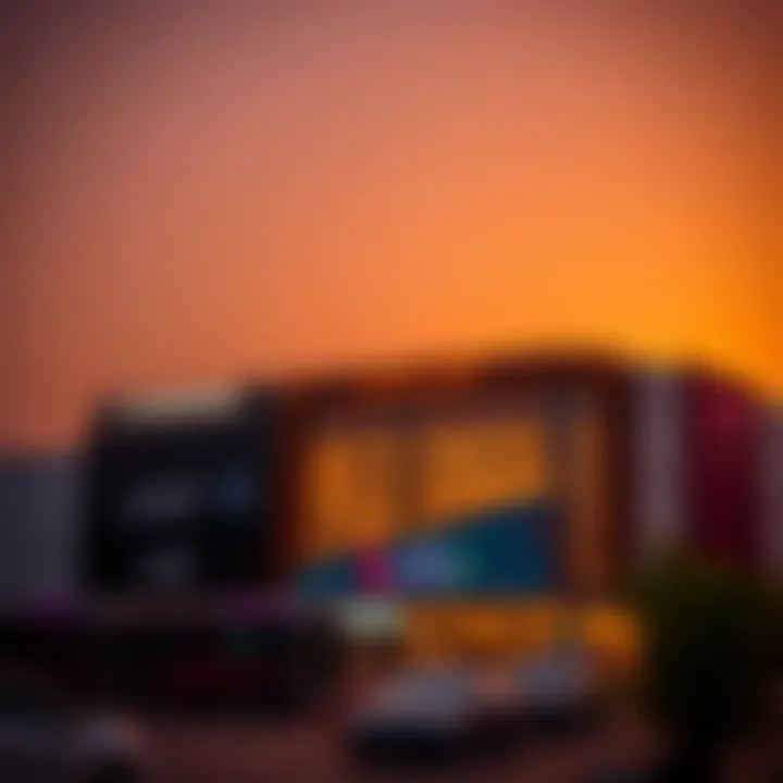 Exterior facade of Al Raha Mall during sunset