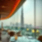 Panoramic view of Burj Khalifa from Dubai Mall dining terrace
