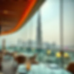 Panoramic view of Burj Khalifa from Dubai Mall dining terrace