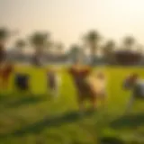 A scenic view of a dog park in Dubai with various breeds playing.