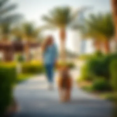 An owner walking their dog in a picturesque Dubai setting.
