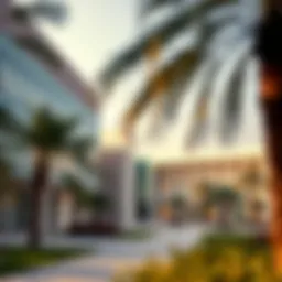 A scenic view of a university campus in Dubai showcasing modern architecture.