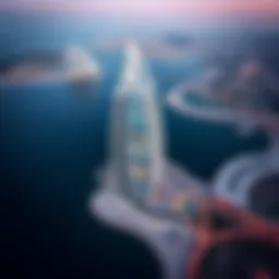 Stunning aerial view of Burj Al Arab, showcasing its iconic sail-shaped silhouette against the Dubai skyline.