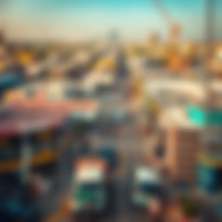 An aerial view of a bustling free zone with various businesses