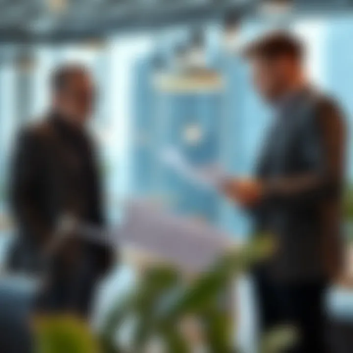 An entrepreneur discussing plans with a colleague in a modern workspace