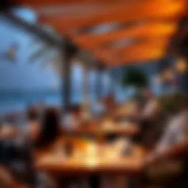 Vibrant Outdoor Dining Atmosphere A lively outdoor dining scene at JBR, with guests enjoying meals while overlooking the beach.