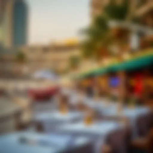 A panoramic view of Jumeirah Beach Residence showcasing vibrant restaurants along the beachfront.