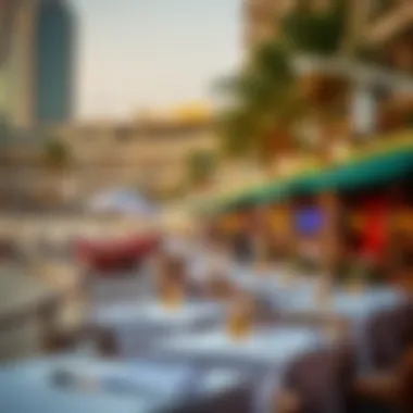 Panoramic View of JBR Restaurants A panoramic view of Jumeirah Beach Residence showcasing vibrant restaurants along the beachfront.