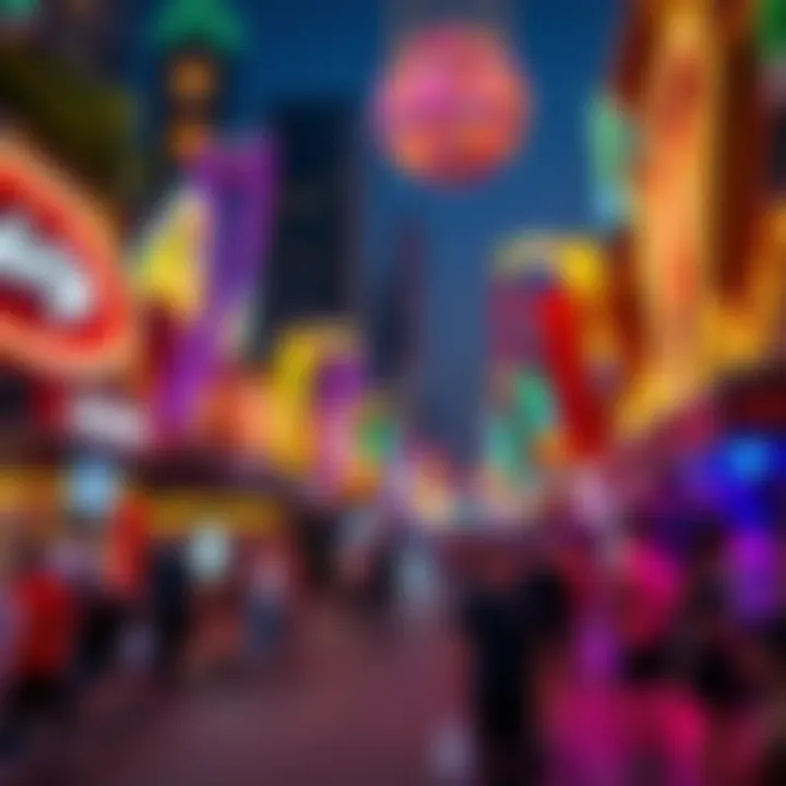 Vibrant nightlife scene in Dubai, with colorful lights and entertainment venues bustling with energy.