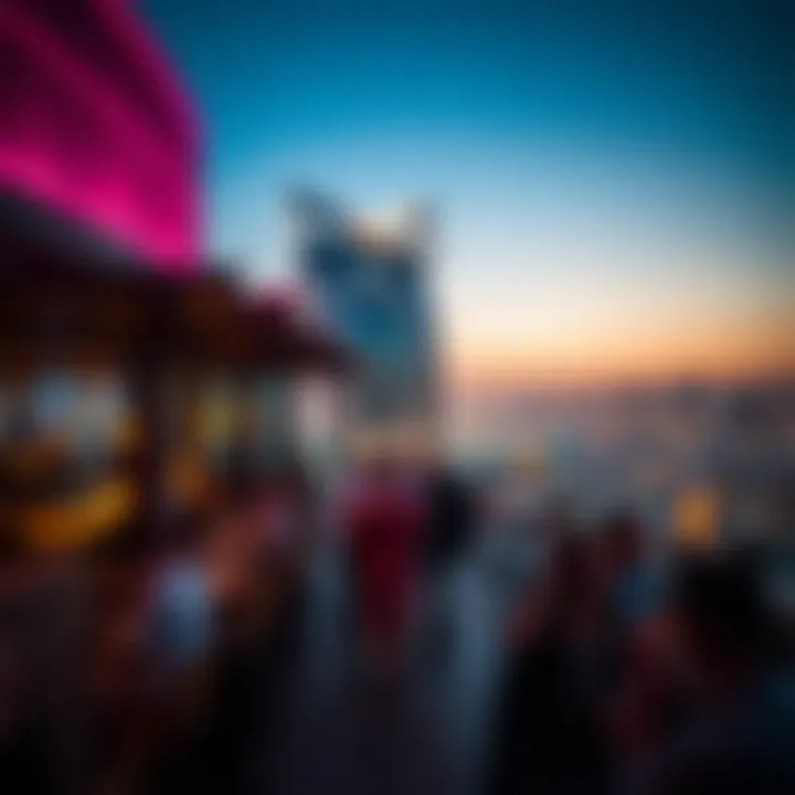 Luxurious rooftop lounge in Dubai with guests enjoying the stunning views and ambiance.