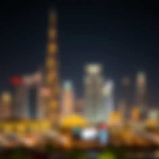 A spectacular view of Dubai's skyline illuminated at night, showcasing its architectural marvels.