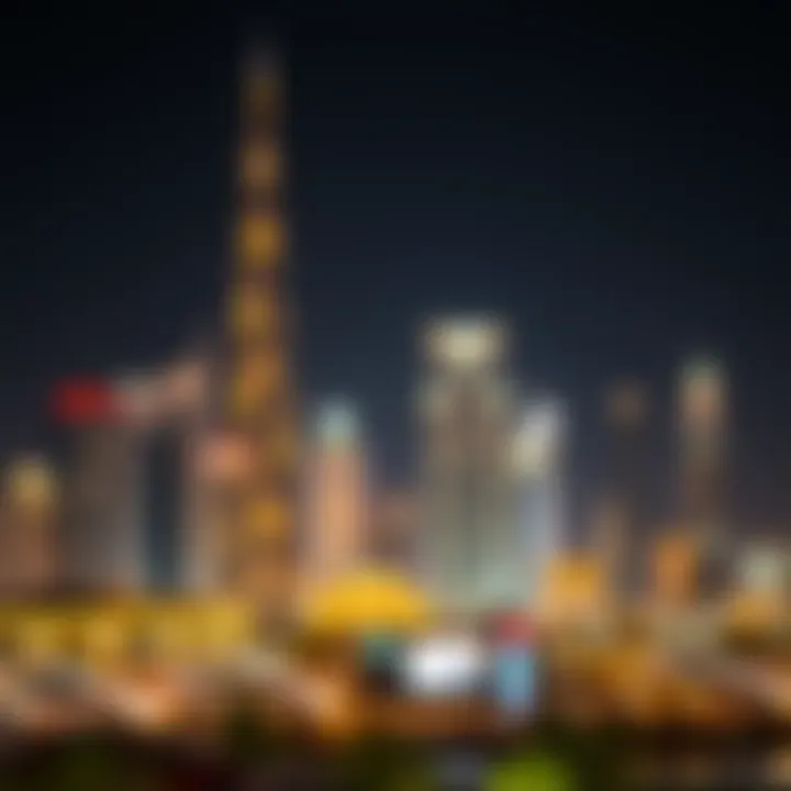 A spectacular view of Dubai's skyline illuminated at night, showcasing its architectural marvels.