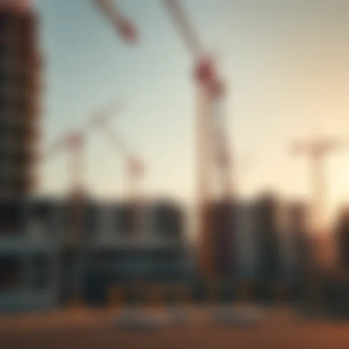 Construction site with cranes and building materials