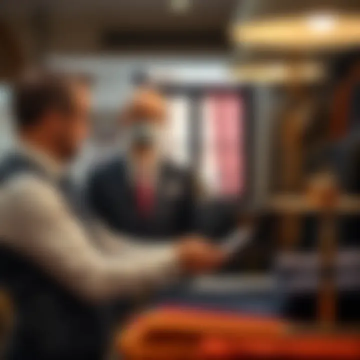 Personalized Tailoring Experience Tailor consulting with a client about fabric choices