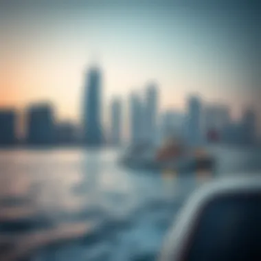 A scenic view of a ferry against the backdrop of Dubai skyline