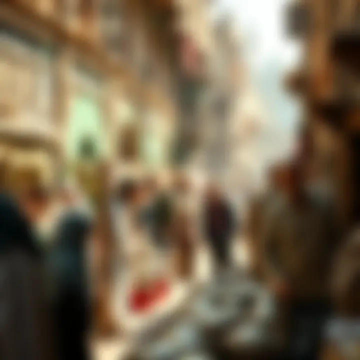 An artistic representation of a bustling medieval marketplace reflecting diverse cultures