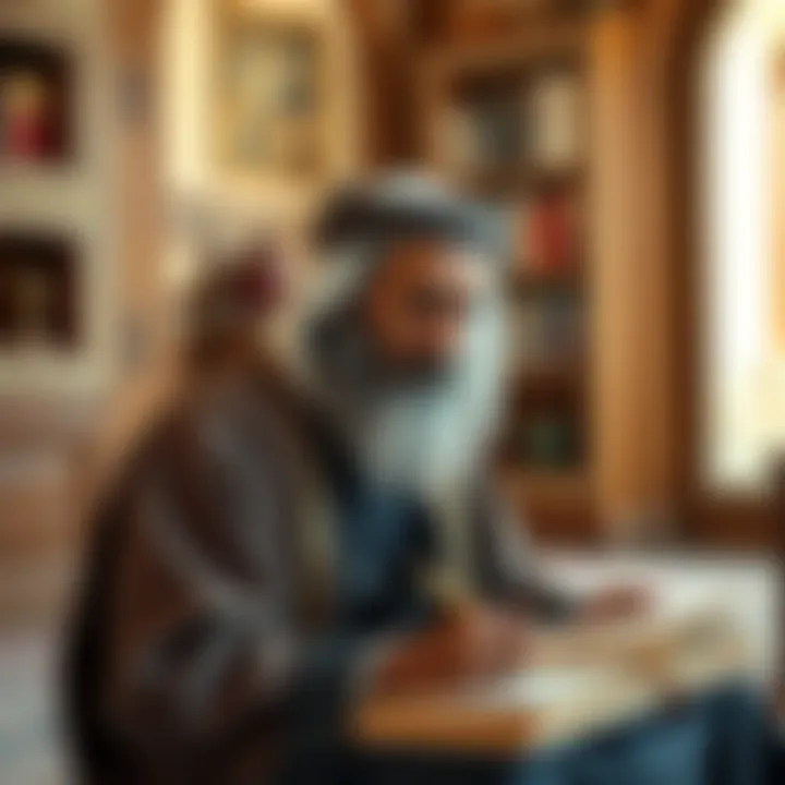 A portrait of Ibn Batuta immersed in writing, capturing his scholarly pursuits