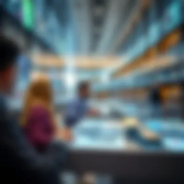 Visitors interacting with digital resources in a modern tech zone