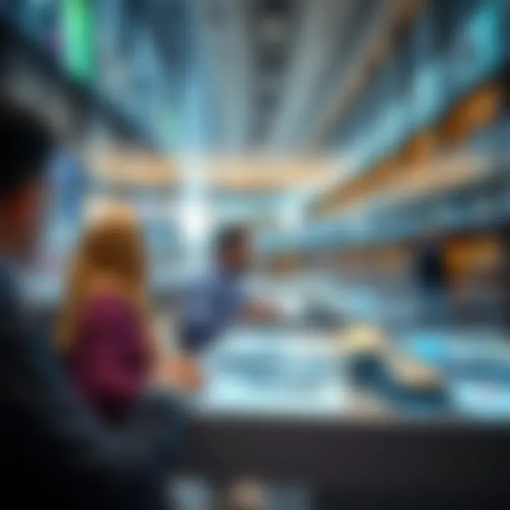 Visitors interacting with digital resources in a modern tech zone