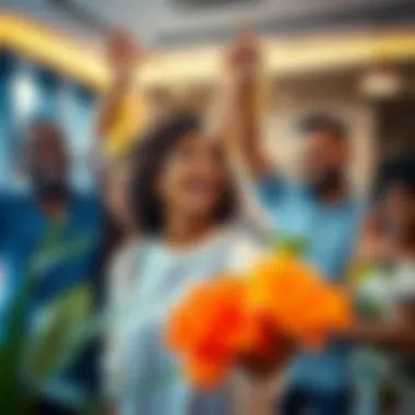 A group of diverse individuals celebrating in a modern setting