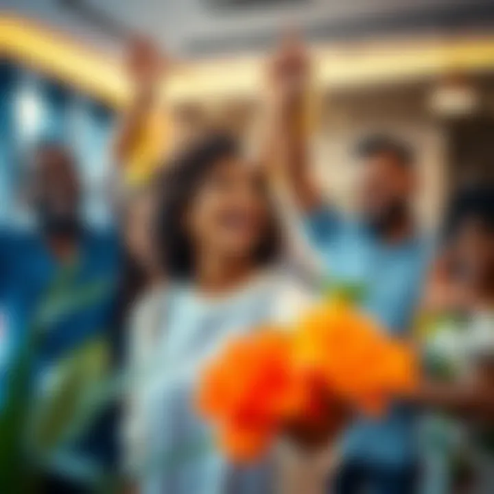 A group of diverse individuals celebrating in a modern setting