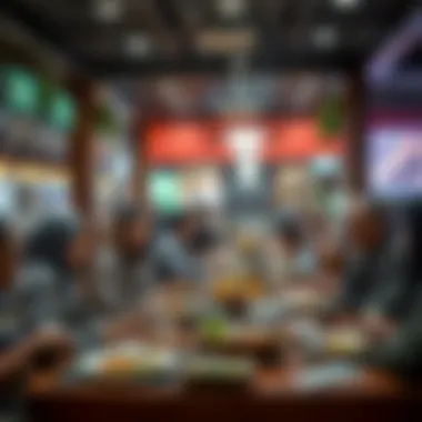 A group of friends enjoying their iftar meal together in a bustling Dubai restaurant