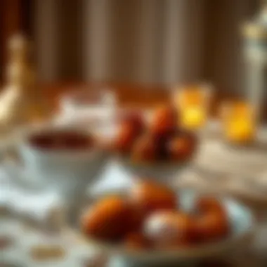 Traditional dates and Arabic coffee served on a decorative table during iftar
