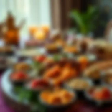 A beautifully arranged iftar spread featuring various traditional Emirati dishes