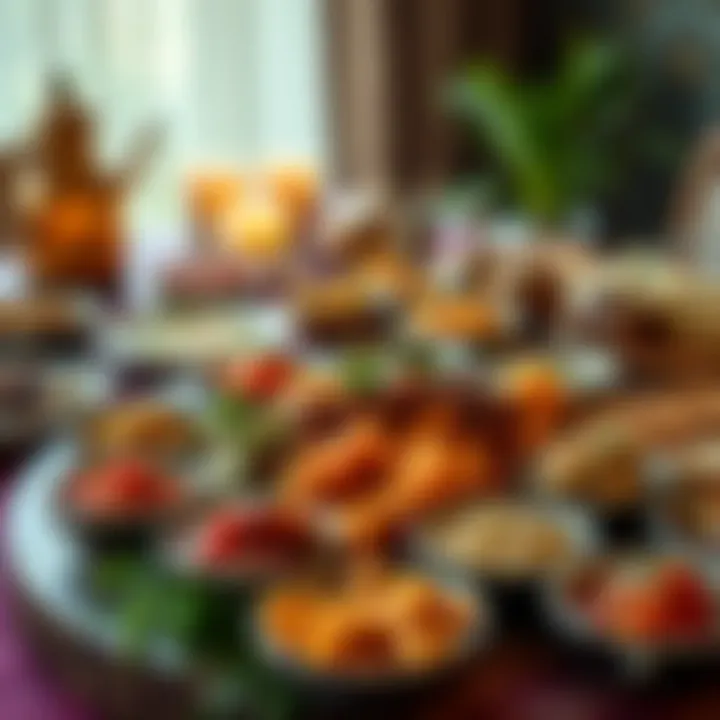 A beautifully arranged iftar spread featuring various traditional Emirati dishes