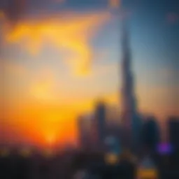 A vibrant sunset over the Dubai skyline, symbolizing the end of the fasting day