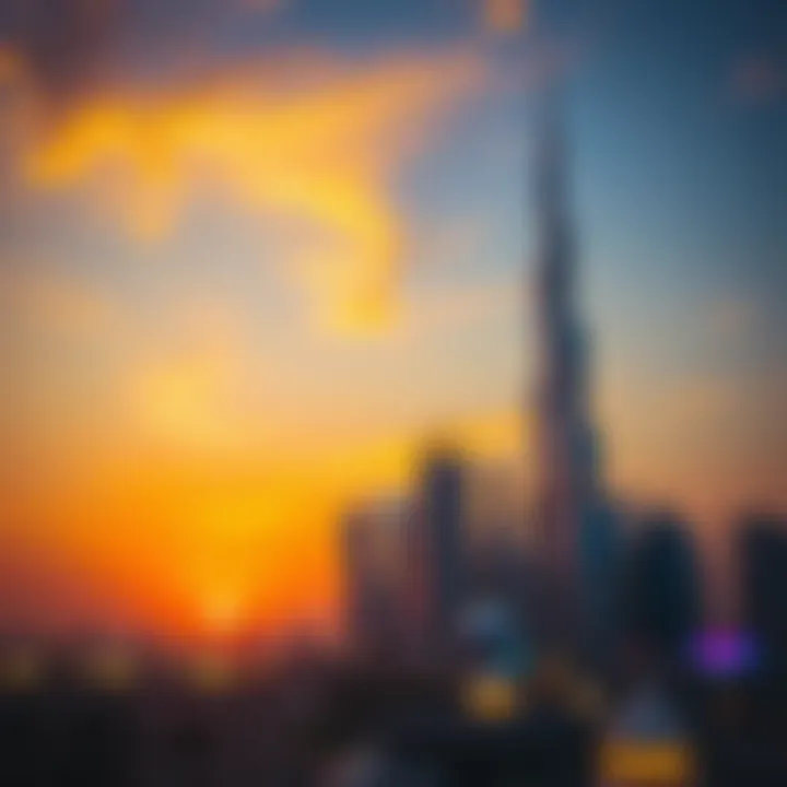 A vibrant sunset over the Dubai skyline, symbolizing the end of the fasting day