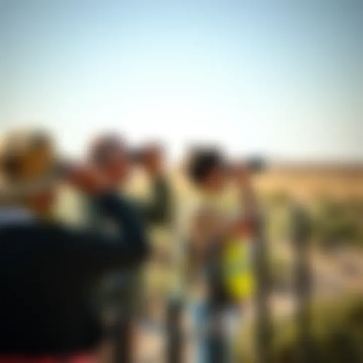 Visitors observing wildlife through binoculars at the sanctuary