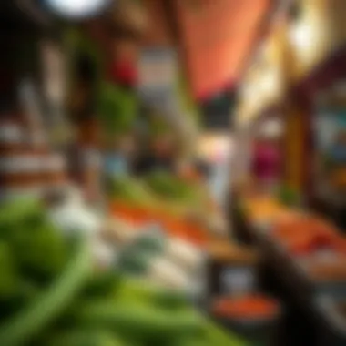 A vibrant food market showcasing diverse culinary ingredients in Deira