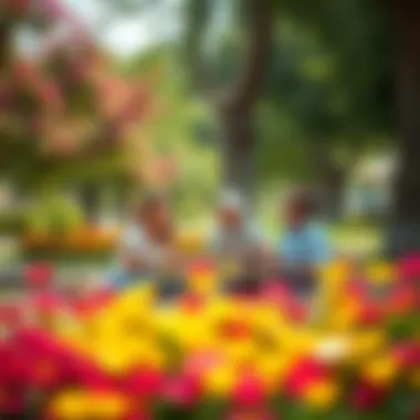 A family enjoying a picnic in Safa Park, surrounded by a colorful array of flowers and trees