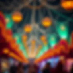 Vibrant festival atmosphere filled with colorful decorations and lights