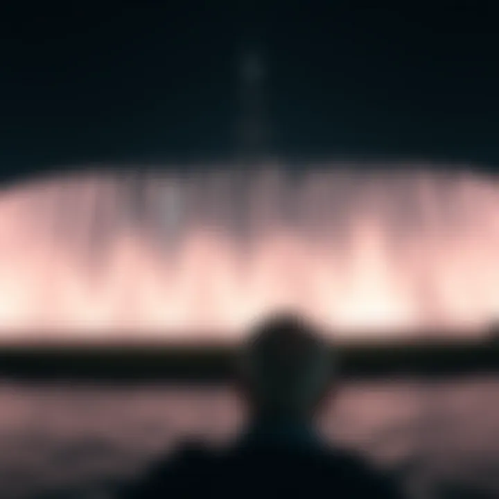 A stunning view of the Dubai Fountain performing against the backdrop of the Burj Khalifa