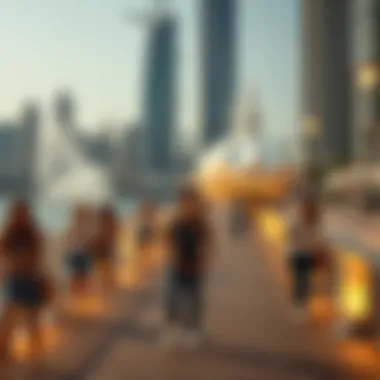 The Boardwalk lined with visitors enjoying the scenic views of the fountain and surrounding skyline