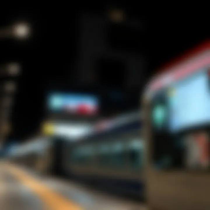 Dubai Metro station at night with illuminated signs