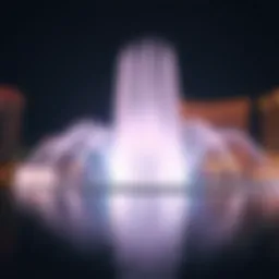 A stunning view of the Dubai Water Fountain illuminated at night