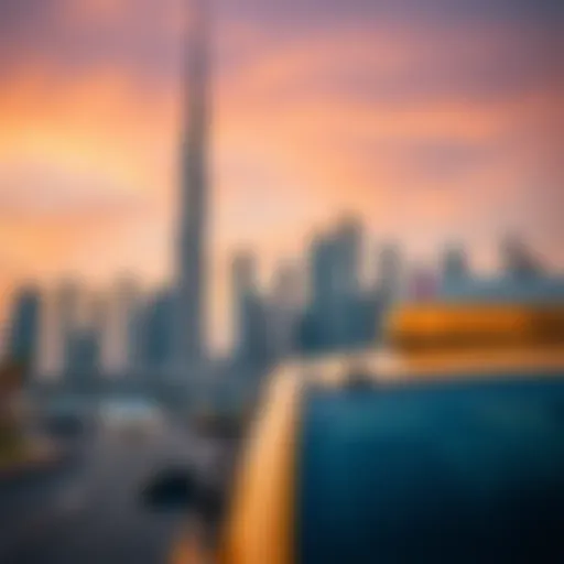 Dubai skyline with taxi in foreground